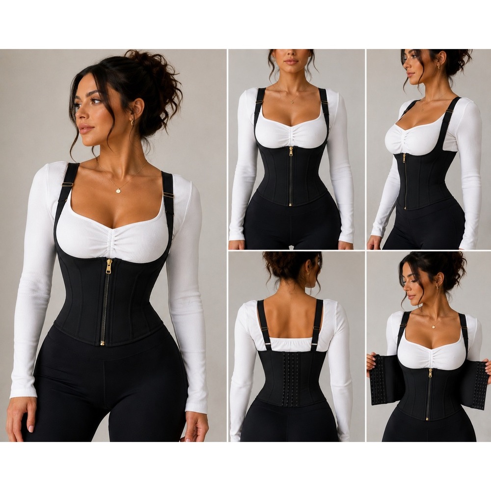 Black Latex Waist Trainer Vest Adjustable Straps Zipper Hook Closure Small